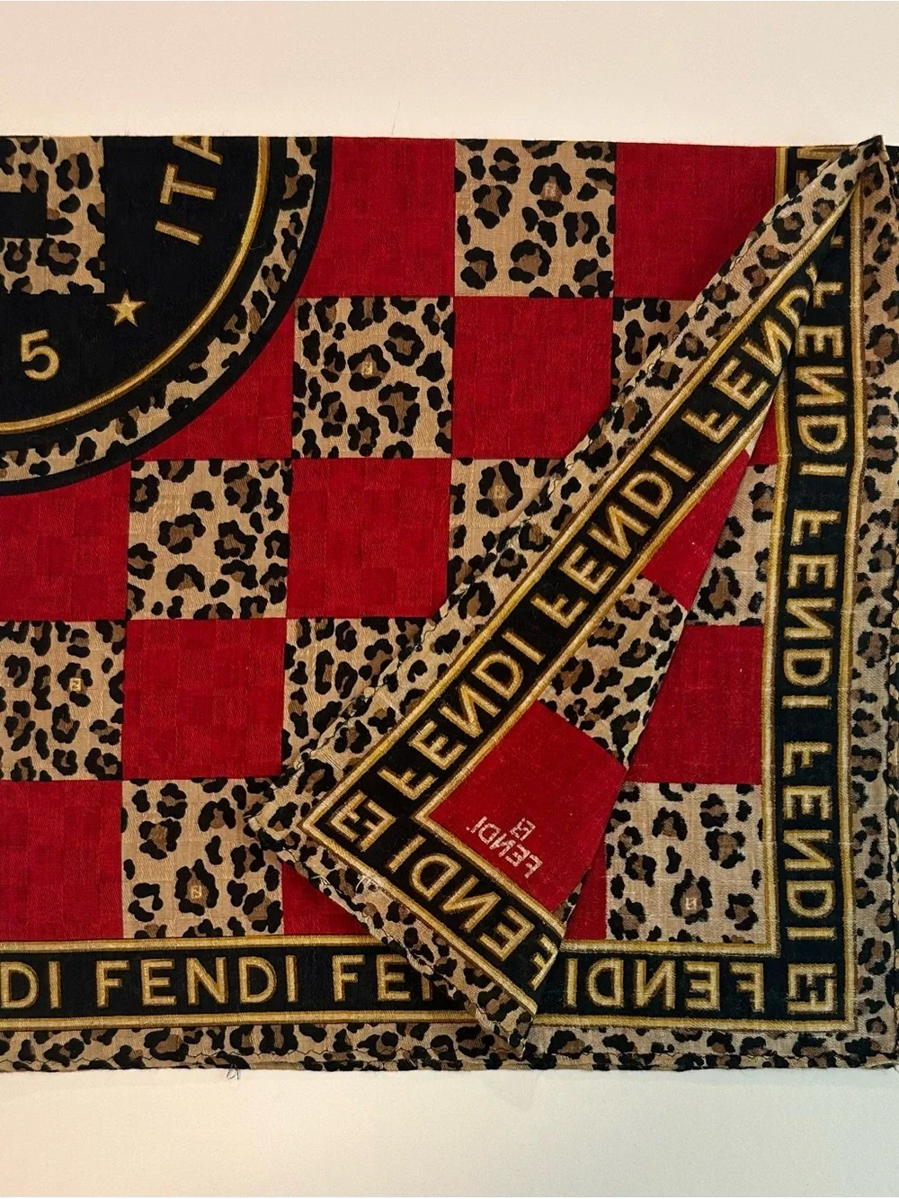 FENDI HANDKERCHIEF COTTON Red Brown Leopard Tiger Print POCKET SQUARE 19”